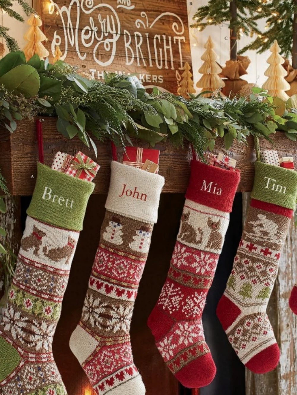 Pottery Barn Woodland Knit Holiday Stockings in Red, Green, Cream, Brown